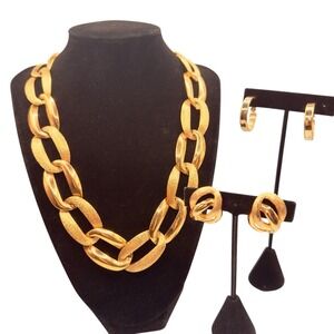 Napier Huge Gold Shiny Brushed Gold Chain Link Necklace Earring Set Parure